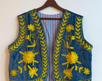 Blue Velvet Suzani Vest | Yellow Floral Embroidered Jacket | Indigo Sleeveless Boho Waistcoat