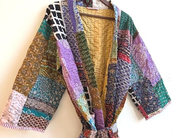 Boho Kantha Reversible Kimono Free Size : Vintage Patchwork Cotton Robe Jacket Bohemian Style Cardigan