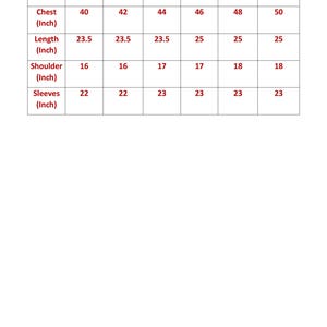 May include: A white chart with black text detailing clothing measurements. Sizes range from S to XXXL. Measurements include chest (40-50 inches), length (23.5-25 inches), shoulder (16-18 inches), and sleeves (22-23 inches).