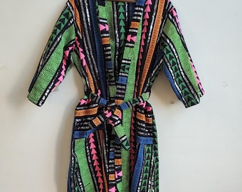 Colorful Tribal Print Kimono Robe – Boho Festival Jacket – Unisex Belted Duster – African Style Wrap