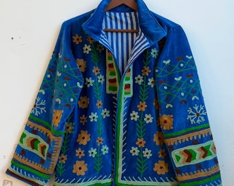 Handmade Blue Velvet Suzani Coat, Boho Floral Embroidered Jacket