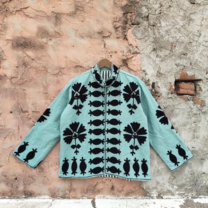 Exclusive Suzani Denim Jacket, Women&#39;s Outerwear, Ethnic Fashion, Unique Hand Embroidered Coat, Statement Jacket, Birthday Gift,