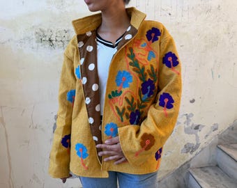 Vintage Style Hand Embroidered Yellow Wool Jacket Boho Floral Winter Coat for Women Artisanal Mustard Kashmiri Embroidery Blazer