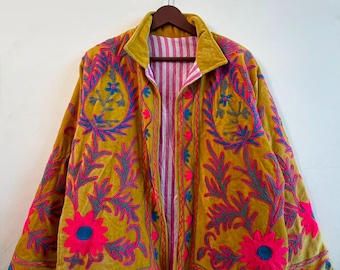 Velvet Suzani Jacket, Yellow Embroidered Floral Coat, Artisan Hand Stitched Robe