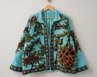 Handmade Suzani Jacket, Hand Embroidered Turquoise Cotton Coat, Boho Floral Winter Jacket for Women