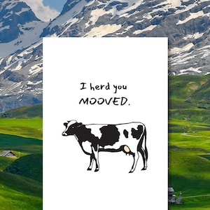 Nouvelle carte de déménagement amusante, troupeau de vaches suisses que vous avez déménagé, animaux de la ferme alignés pour la pendaison de crémaillère, félicitations. Conçu par StudioShine