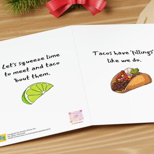 Thinking of You Wortspiel-Karte, Tacos, Taco bout Feelings, Squeeze Lime Time To Meeting, Freundschaftskarte, mexikanischer Stil. Entworfen von StudioShine