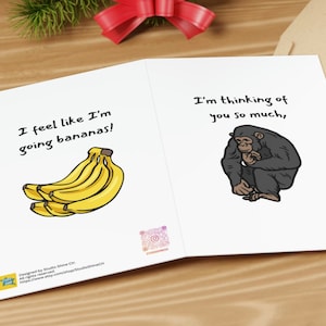Je pense à vous, carte d'amour vous manque, chimpanzé, bananes ! Cartes de voeux amusantes avec jeux de mots en deux parties, conçues par StudioShine