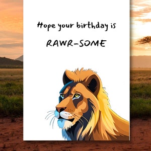 Animal Birthday Card, Majestic Lion, Hope Your Birthday is Rawr-some Awesome, Shinny Crown, Funny Lions Pun Card. Designed by StudioShine