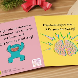 Psychoanalyseer je verjaardag, hersenkracht, verdedigingsmechanisme, ontspan, geniet van je speciale dag, grappige verjaardagskaart, ontworpen door StudioShine