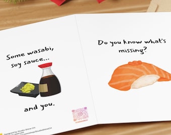 Sushi Miss You Card, Japanese, Salmon Wasabi, Soy Sauce, Food Themed Cards, Sweet Anniversary Gift, Silly Love Card. Designed by StudioShine