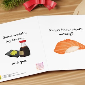 Sushi Miss You-kaart, Japans, zalmwasabi, sojasaus, kaarten met voedselthema, zoet jubileumcadeau, kaart Silly Love. Ontworpen door StudioShine