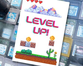 Tarjeta de cumpleaños para gamers, fanáticos de los juegos retro, pixelada, nivel superado, ¡subiendo de nivel! Celebrando otro gran año. Diseñada por StudioShine.