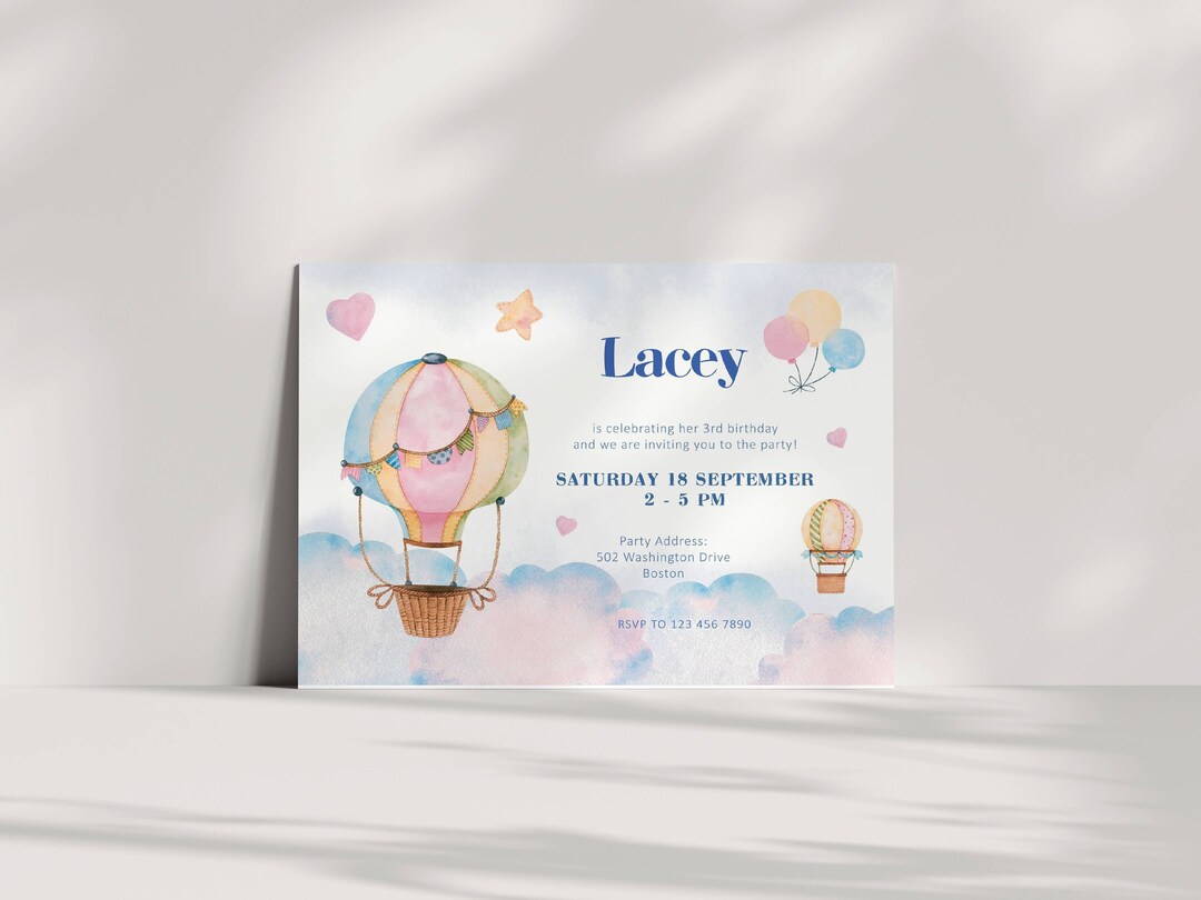 Blue Hot Air Balloon Invitations Hot Air Balloon Baby Shower Etsy