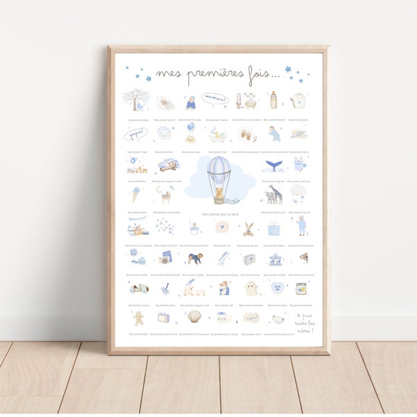 Affiche © Mes Premières Fois Bébé à tamponner *BLEUE* aquarelle cadeau naissance bébé garçon grossesse coffret souvenir poster deco chambre