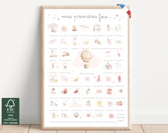 Affiche © Mes Premières Fois *PINK* à tamponner aquarelle cadeau naissance bébé fille grossesse annonce coffret souvenir poster personnalisé