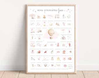 Affiche © Mes Premières Fois *PINK* à tamponner aquarelle cadeau naissance bébé fille grossesse annonce coffret souvenir poster personnalisé
