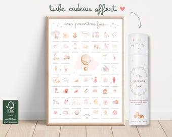 Póster *ROSA* Mis primeras veces para estampar acuarela bebé niña regalo de nacimiento anuncio de embarazo caja de recuerdo póster personalizado