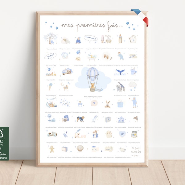 Affiche © Mes Premières Fois Bébé à tamponner *BLEUE* aquarelle cadeau naissance bébé garçon grossesse coffret souvenir poster deco chambre