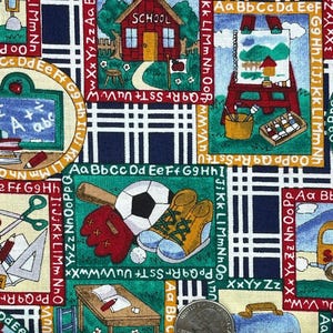 May include: A colorful fabric with a school-themed pattern. The design includes images of a schoolhouse, an easel with a painting, sports equipment, and school supplies. The background is a grid of letters and numbers.