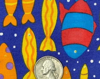 MODA Cotton Fabric- Designed by Barbara Leonard- 70" Length 44"WOF-Blue Water Fabric With a Colorful Display of all Shapes of Fish-AA55