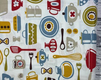 Cotton Fabric-MOD Kitchen by Helen Daral for LillA Rogers Studio For P&B Textiles-2 Yards Length- WOF 44"- Colorful Display of Utensils AA73