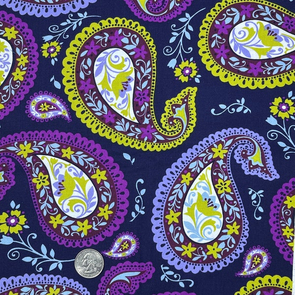 Two Toned Purple Paisley Swirls By Heritage Studio Collection -WOF 44, Length 1+ Yard- Black Background- Colorful Fun Fabric