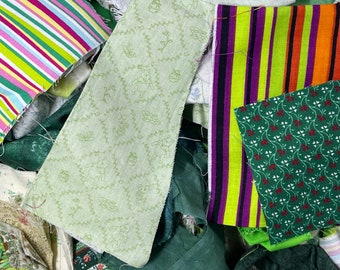 Fabric Scrap Pack: Green Toned Cotton Lot by the Pound-Pictures are Representative of Each Bundle. Great for Slow Stitch and Junk Journals