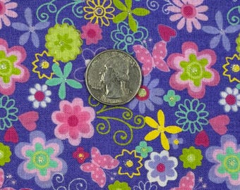 Blue Cotton Fabric with Colorful Flowers and Butterflies- Sparkles- 56" Length 44"WOF- Enchanting Combo of Pink, Yellow, Green Accents-AA30