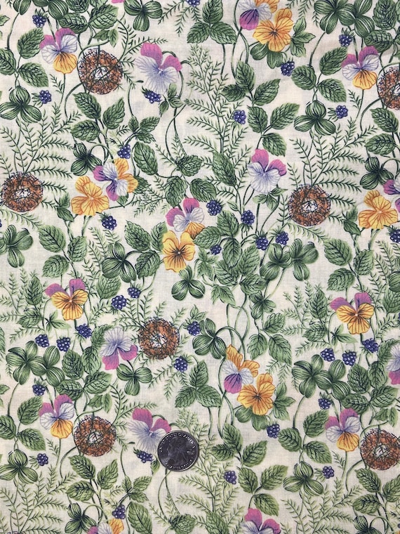 High Quality Cotton Fabric From Hobby Lobby beige Background with Green Vines and Blue Berries golden Pink Design 44 WOF X 3 Yards Etsy UK