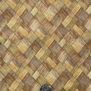 May include: A woven fabric with a repeating pattern of brown and tan squares. The fabric has a textured look, like it is made of wood.