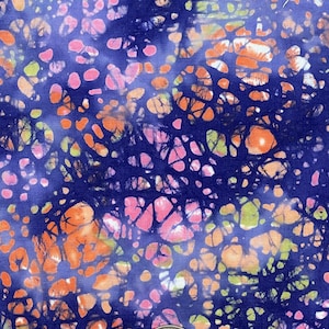Bold  Dark Blue  Background Batik – Green Orange and Pink Accents – Muted Background – Batik Cotton Fabric – 18&quot; X 36&quot; -Festive Batik