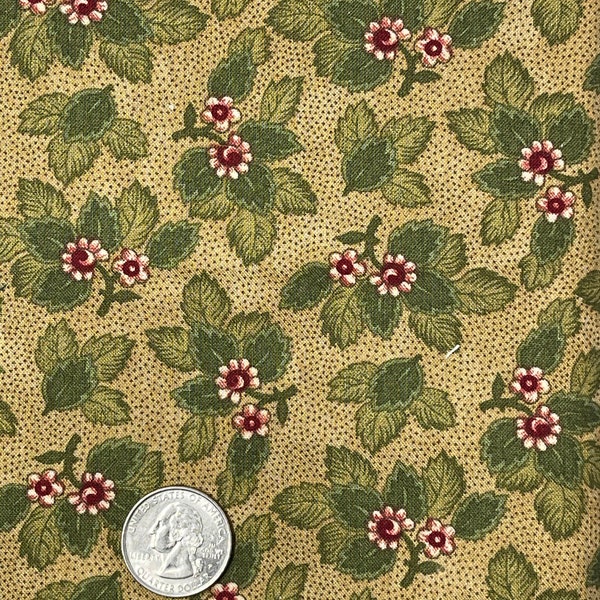 Moda 100 Percent Cotton, WOF 44 One Yard. Green Background with Small Red Flowers, by Robyn Pandolph, DYI Sewing Project Holiday Fabric