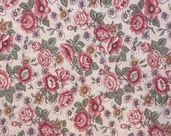 Cotton Fabric-Everything is Coming Up Roses- Light Pink Fabric Decorated with Darker Pink Roses-96" by 44"- Green and Blue Accents- AA73