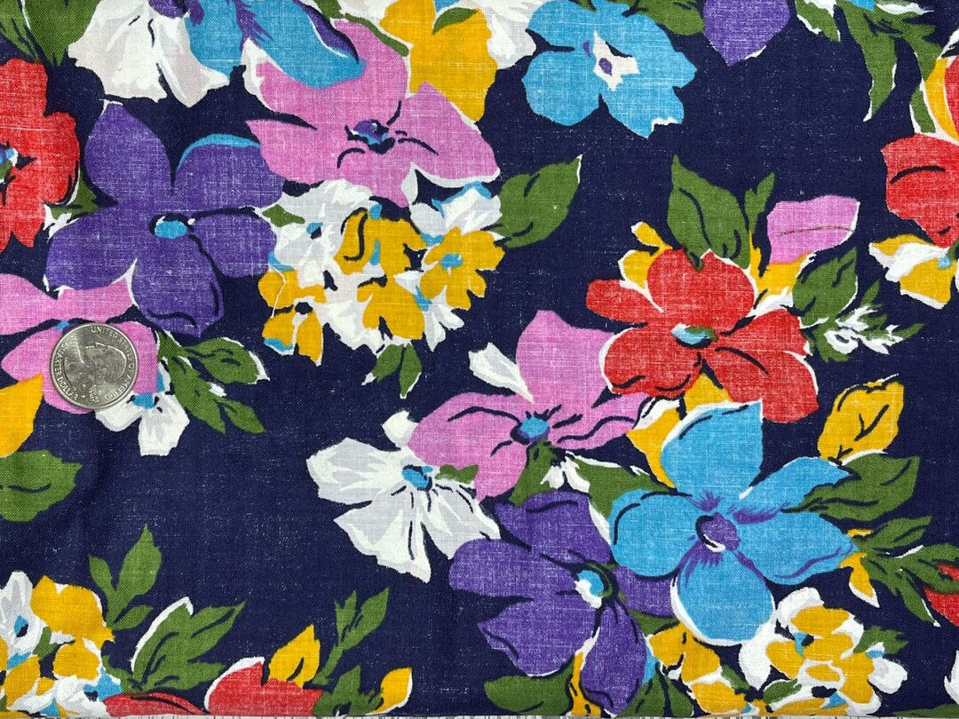 Navy Blue Vibrant Floral Cotton Fabric – Jumbo Red, Pink, Purple & Gold ...