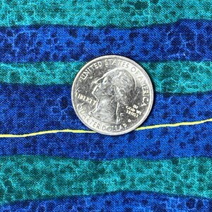 May include: A US quarter dollar coin with the words "United States of America" and "Liberty" on it, resting on a blue and green striped fabric with a floral pattern.