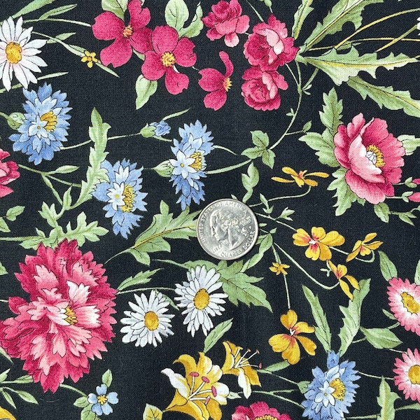 Vintage Floral Fabric - Les Jardins by Hoffman International - Bold Colorful Flowers on Black - 44"x 208" Over 5.5 Yards