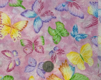 Pink Cotton Fabric with Colorful Array of  Blue, Green, and Yellow Butterflies- Fabric Traditions-66 Length-WOF 44- Sparkles-AA30-