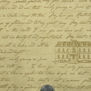 May include: Tan fabric with a handwritten script design and a sketched house. The text includes phrases like "My love for Heather" and "I love you." A US quarter coin is visible.