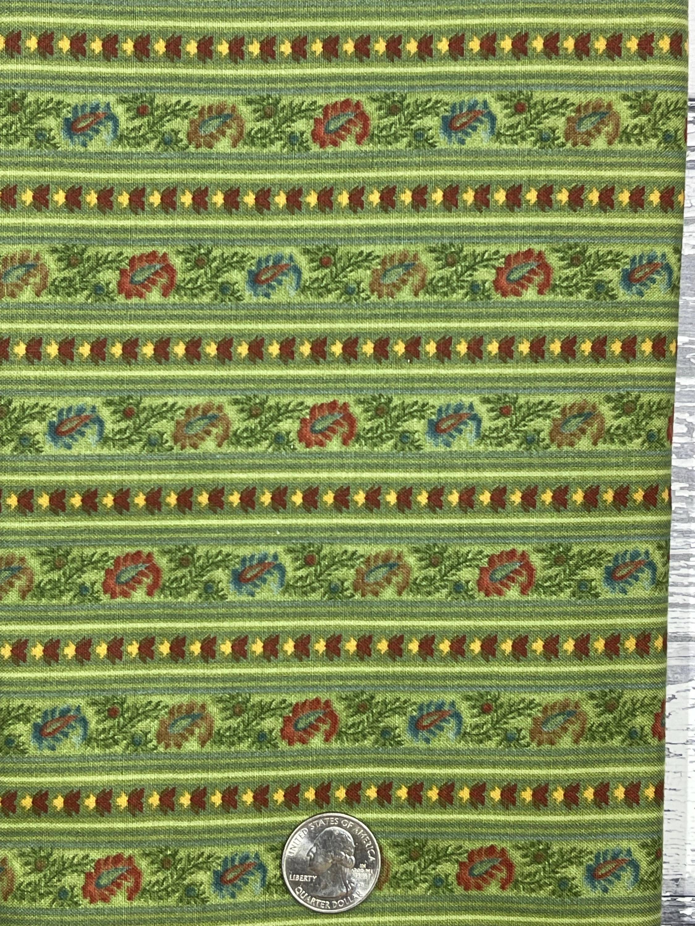 高品質コットン生地 - MODA品質コットンのためにテリー・クロジエ・トンプソンがデザインした「ルイザ」 - 1 1/3ヤード、WOF 44インチ -  13.99ドル - グリーン、レッド、ブルー