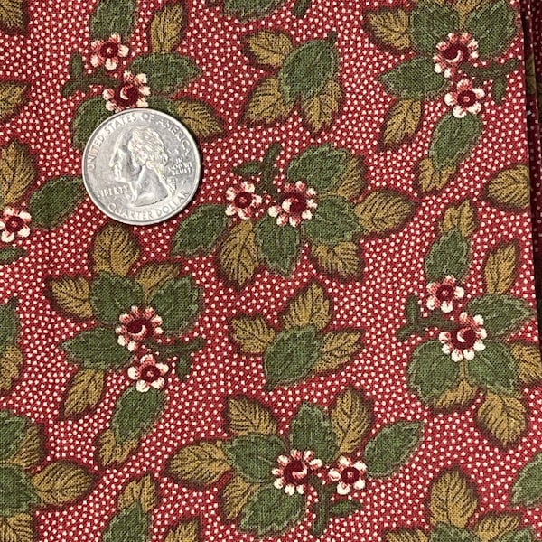 Moda 100 Percent Cotton, WOF 44 One Yard. RED Background with Green Leaves, by Robyn Pandolph, DYI Sewing Project Holiday Fabric