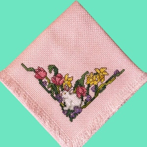 Cross Stitched Light Pink Easter Bread Cloth/Basket Liner/Bread Cover