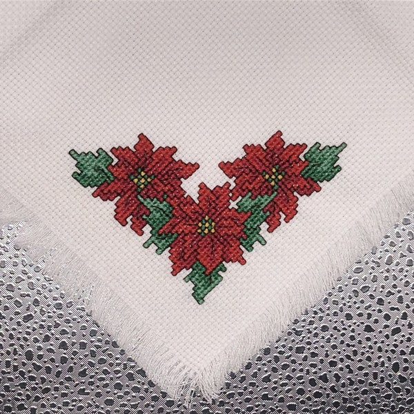 Cross Stitched Poinsettia Bread Cloth/Basket Liner/Bread Cover