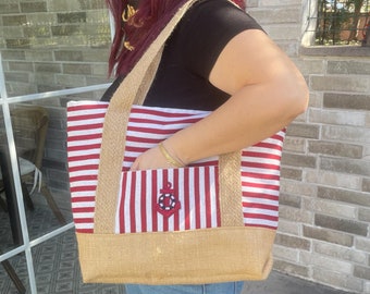 Chic Striped Beach Tote, Handmade Fabric Bag for Summer, Striped Canvas Tote Bag, Handmade Bags for Women, Canvas Beach Bag, Large Tote Bag