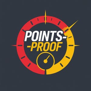May include: A graphic logo on a dark gray background. The logo features the words "POINTS-PROOF" in white, set within a red and yellow speedometer-style design. A smaller gauge is at the bottom.