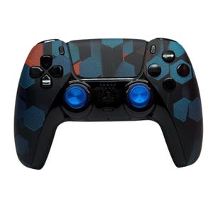 May include: A black PlayStation 5 controller with a blue and orange geometric pattern. The controller has blue buttons and a black PlayStation logo.