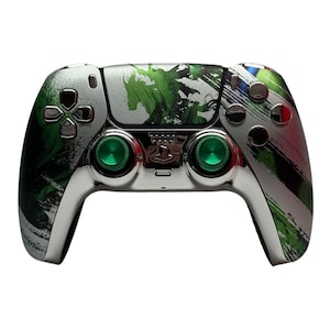 May include: A silver and green PlayStation 5 controller with green buttons and a green and white abstract design.