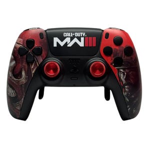 May include: A black PlayStation 5 controller with red accents and a Call of Duty: Modern Warfare III design. The controller features a skull and a soldier on the front.