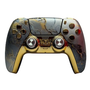 May include: A gold and gray PlayStation 5 controller with a marble-like design. The controller has two analog sticks, a D-pad, and four face buttons.