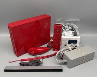 Juego de Nintendo Wii en blanco, rojo, negro y turquesa, sin arañazos, en excelente estado, reacondicionado y restaurado a mano.
